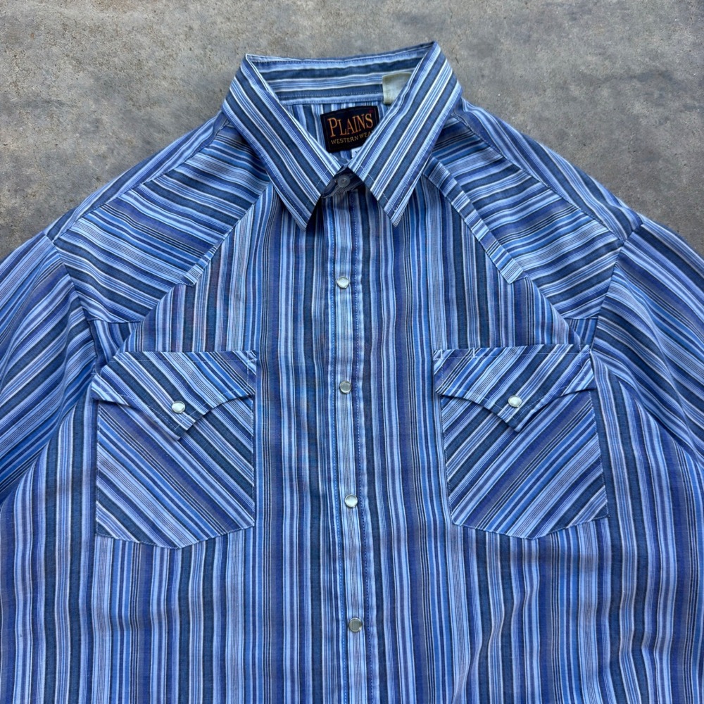 Vintage 90s Plains Western Wear Pearl Snap Stripe Shirt Workwear Blue XL j3